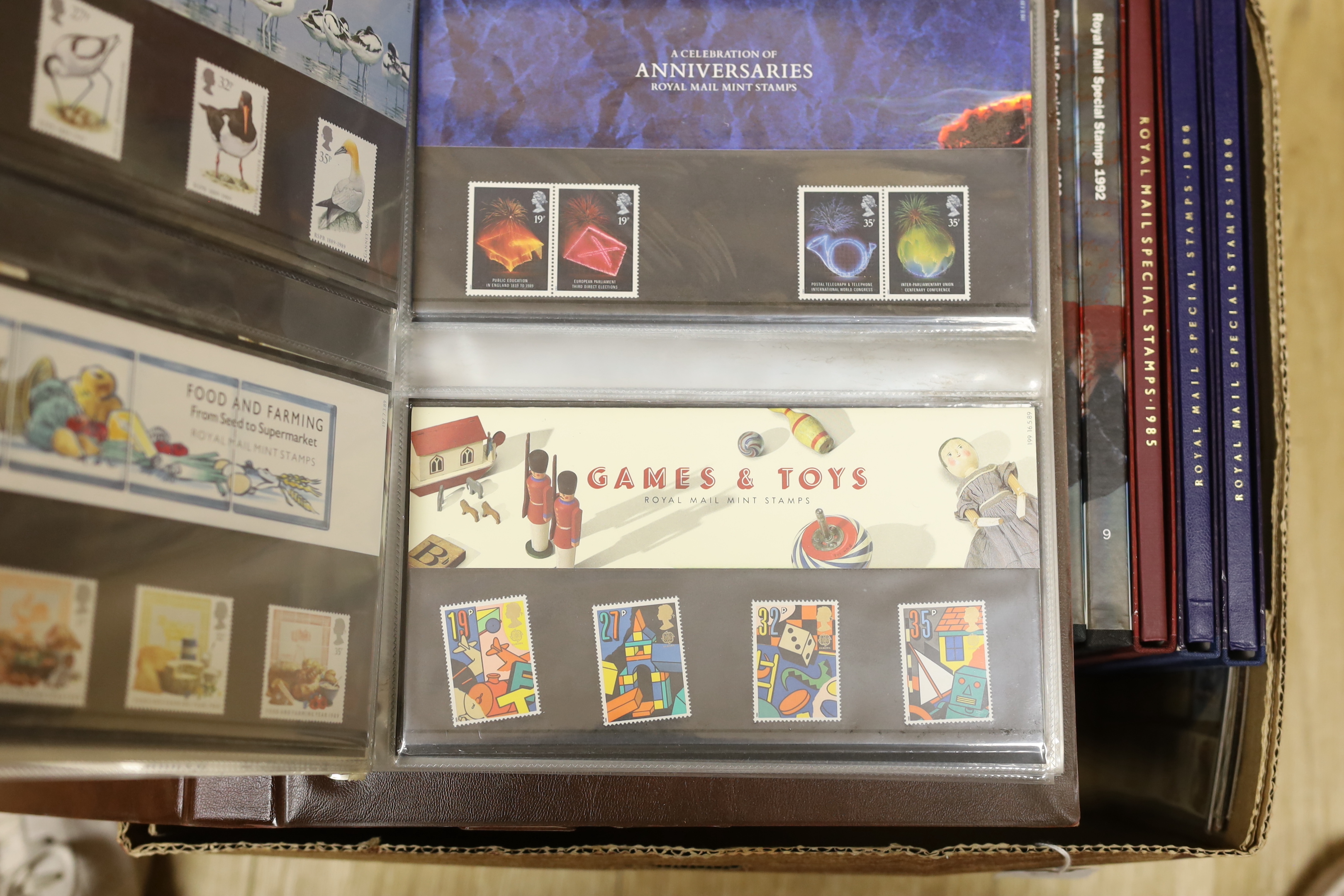 Royal Mail GB stamps - commemorative presentation packs in three albums, GB stamp album 1988-1991, twelve special stamps issues 1985-1991 (some duplicates) and five collector’s packs (one box)
